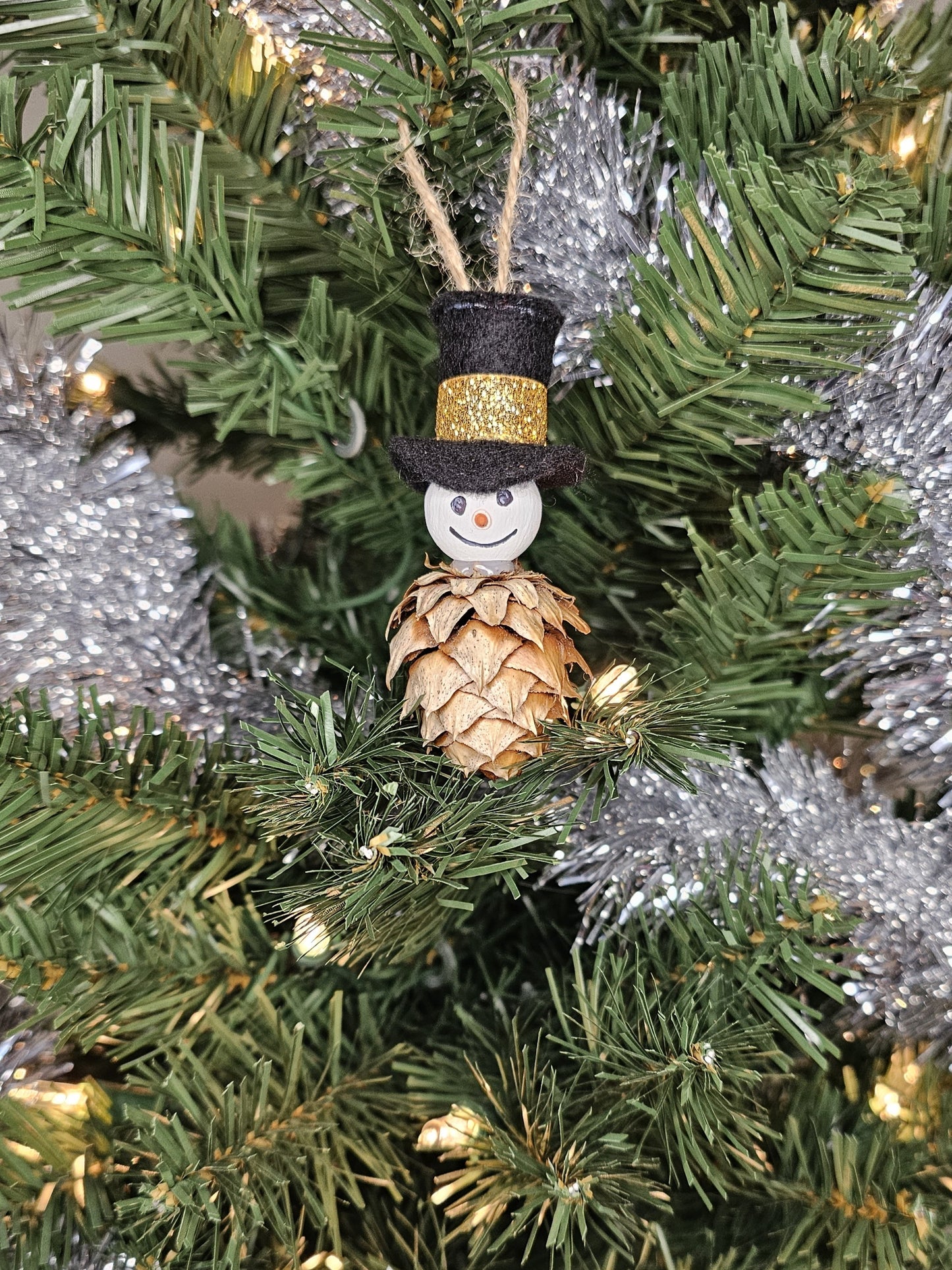 Foraged Hemlock Tree Cone Snowman Christmas Tree Ornament