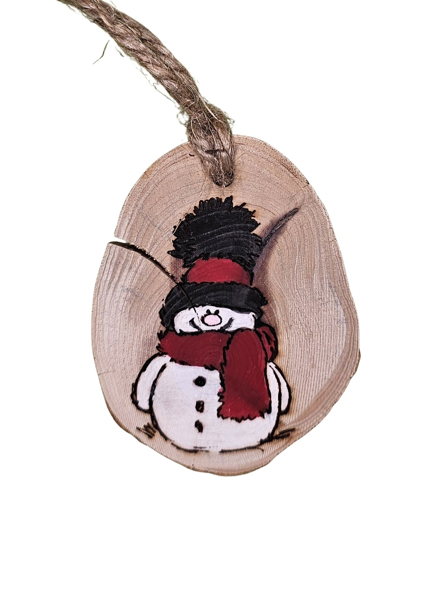 2-3 inch Wood slice Christmas ornament with a snowman hand painted in red and black.