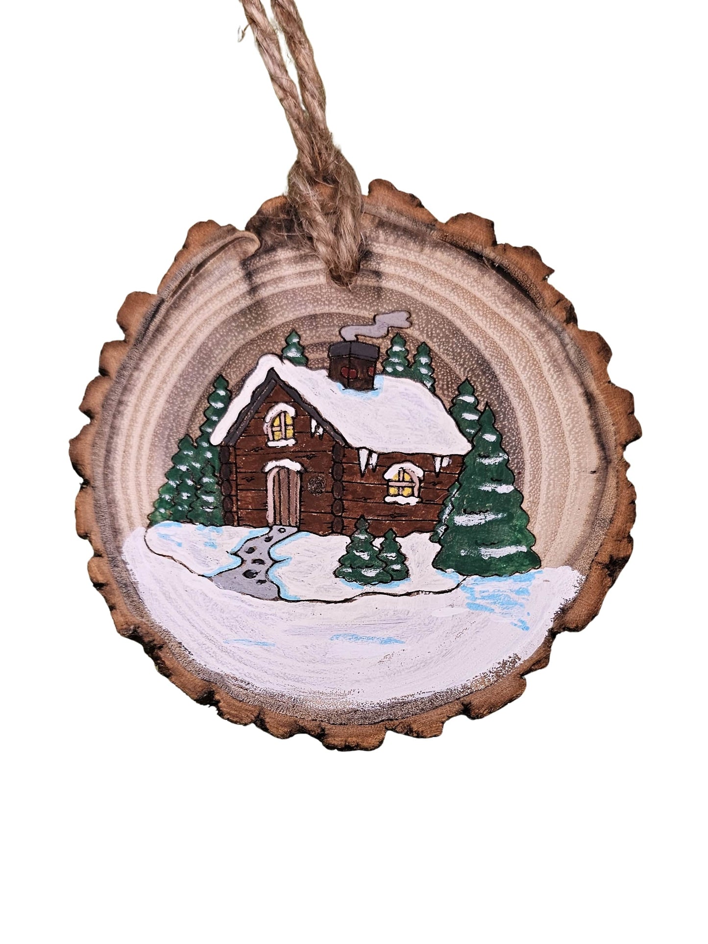 Wood Burned Snow Scene Christmas Tree Ornament