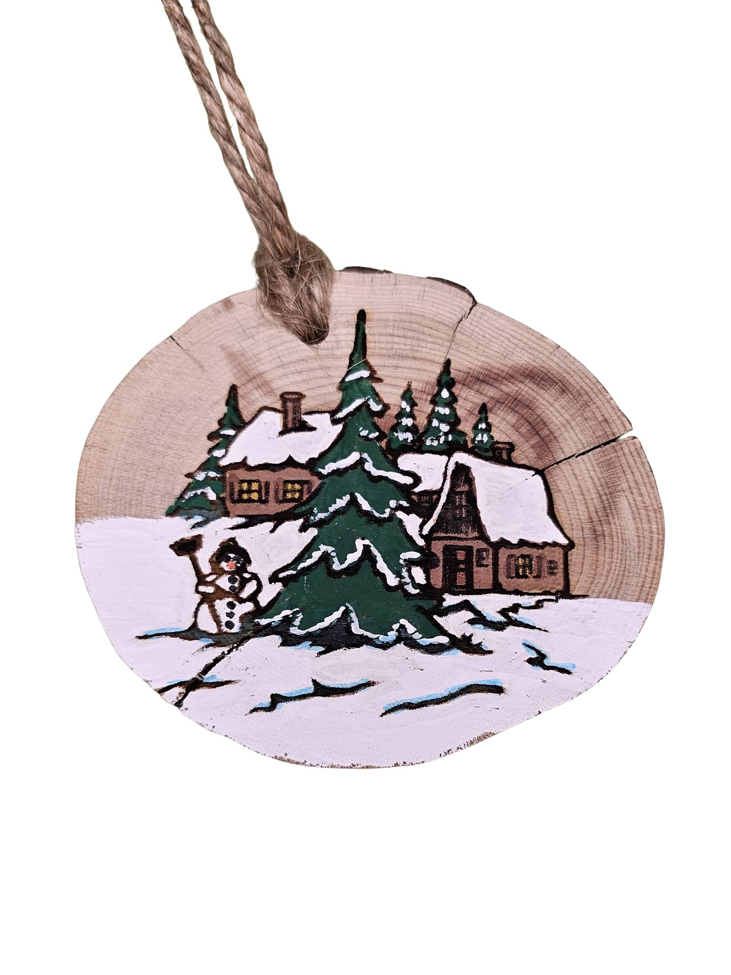 Wood Burned Snow Scene Christmas Tree Ornament