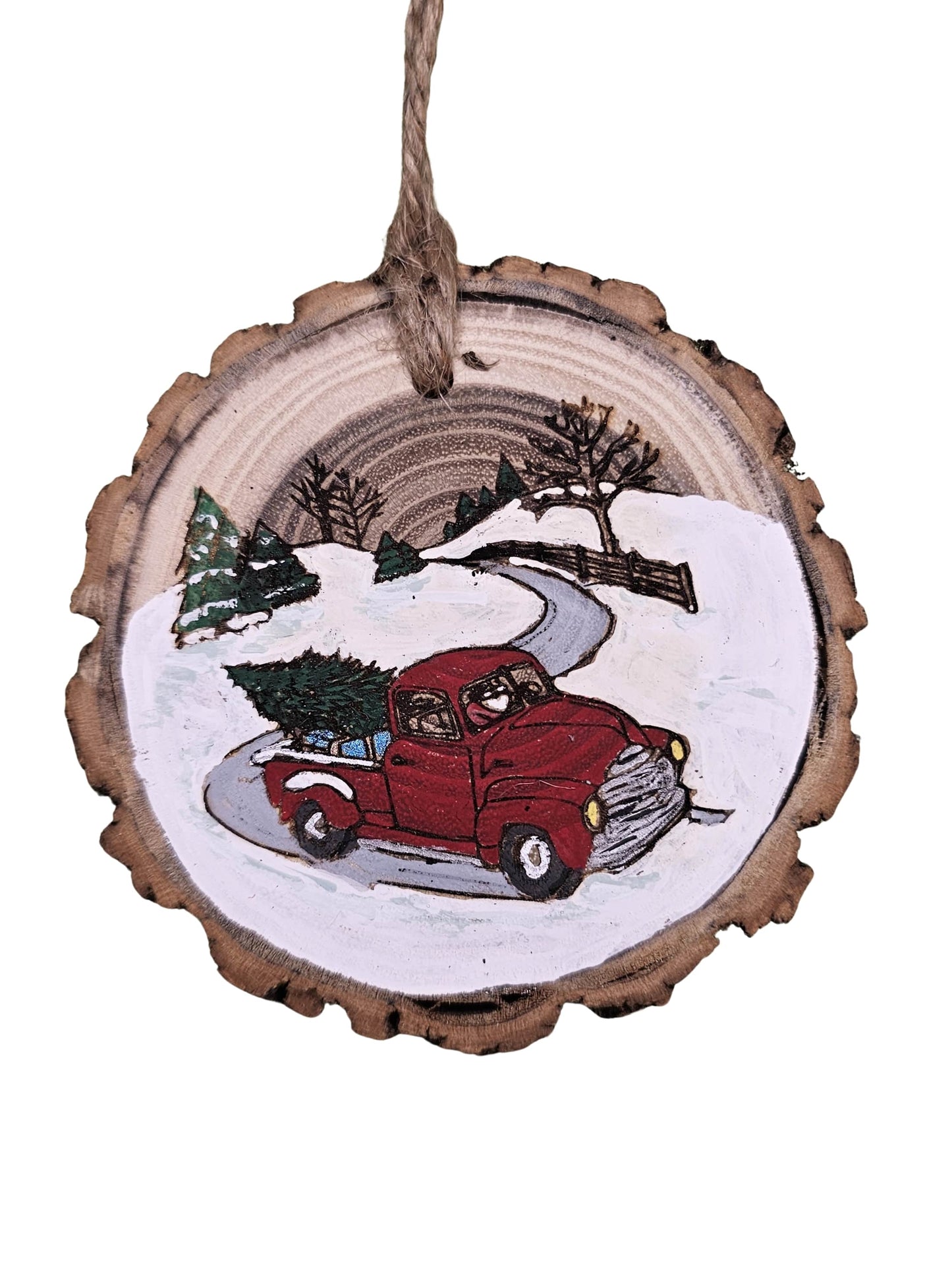 Wood Burned Snow Scene Christmas Tree Ornament