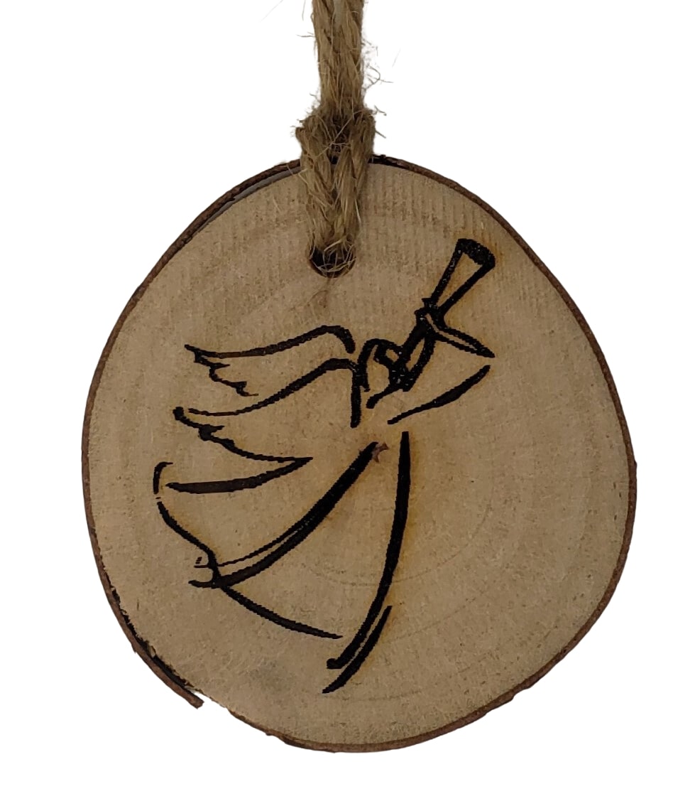 Natures Christmas - wood burned angel Christmas tree ornament on birch wood