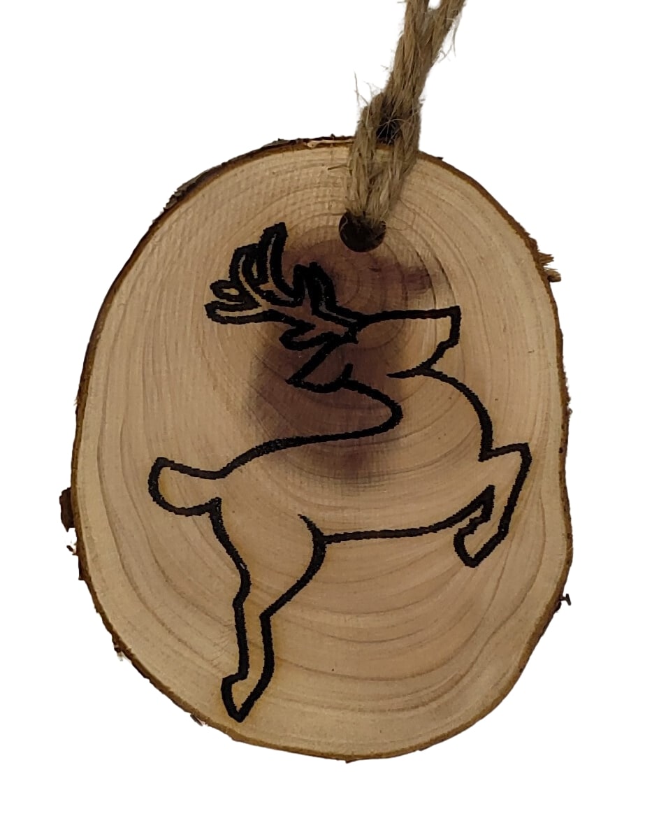 Natures Christmas - wood burned reindeer Christmas tree ornament on cedar wood