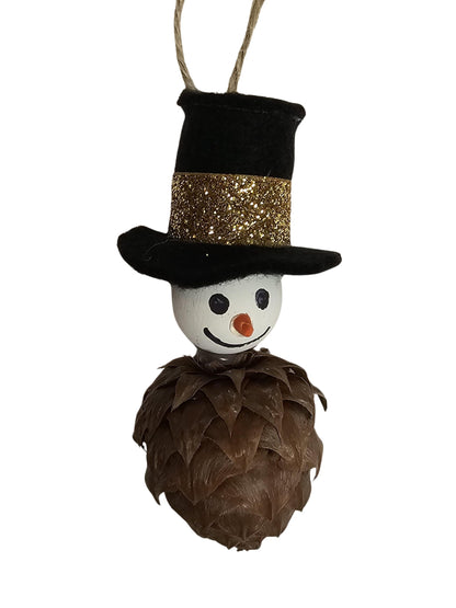 Foraged Hemlock Tree Cone Snowman Tree Ornament - Top Hat