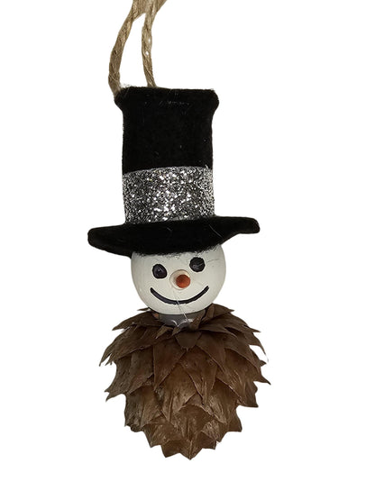 Foraged Hemlock Tree Cone Snowman Tree Ornament - Top Hat