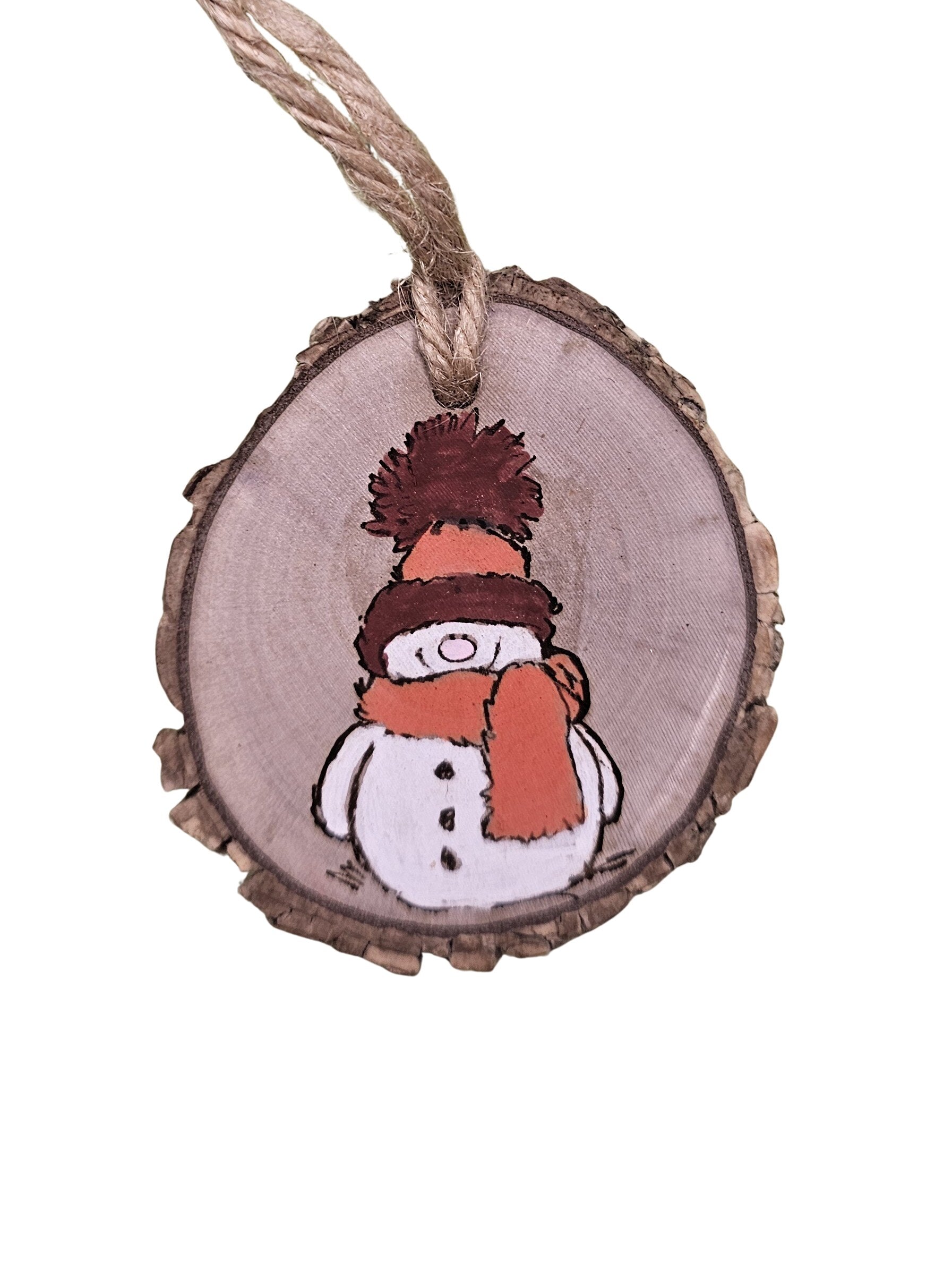 2-3 inch Wood slice Christmas ornament with a snowman hand painted in orange and maroon.
