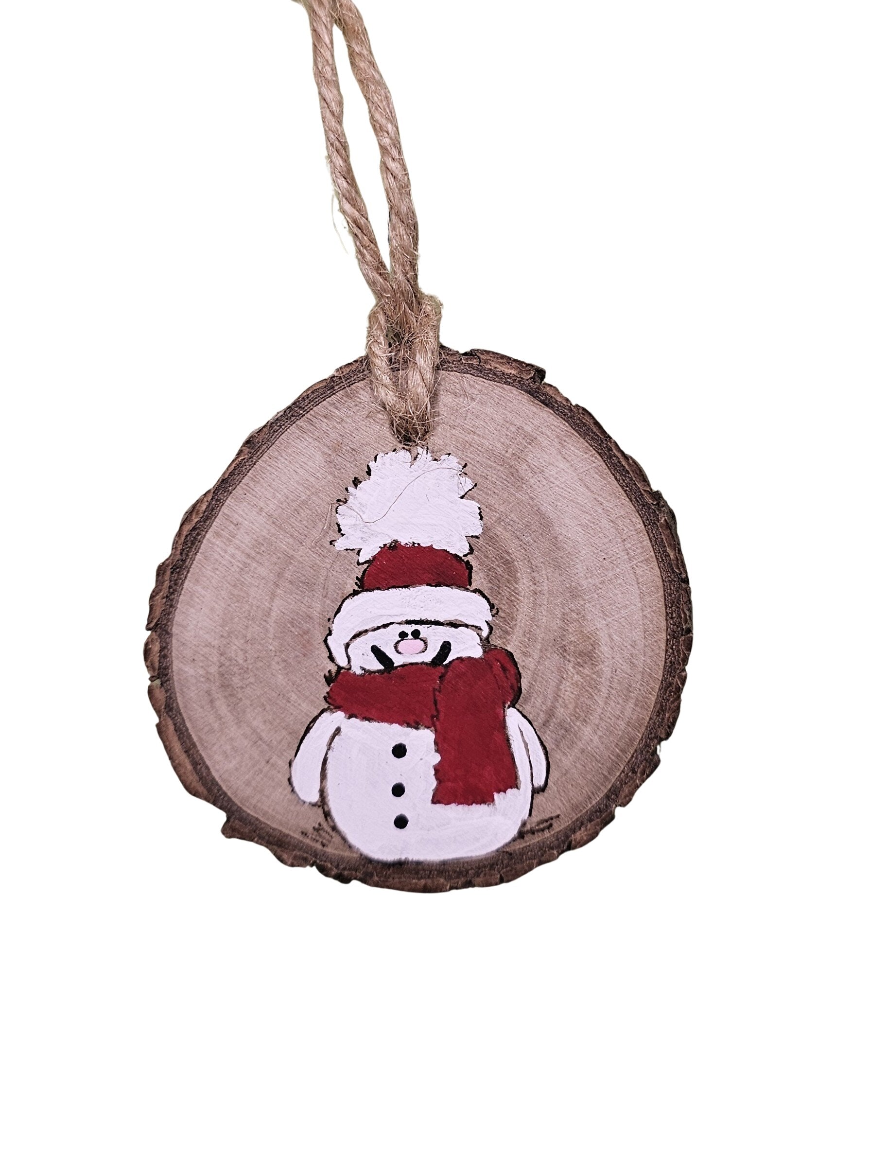 2-3 inch Wood slice Christmas ornament with a snowman hand painted in red and white.