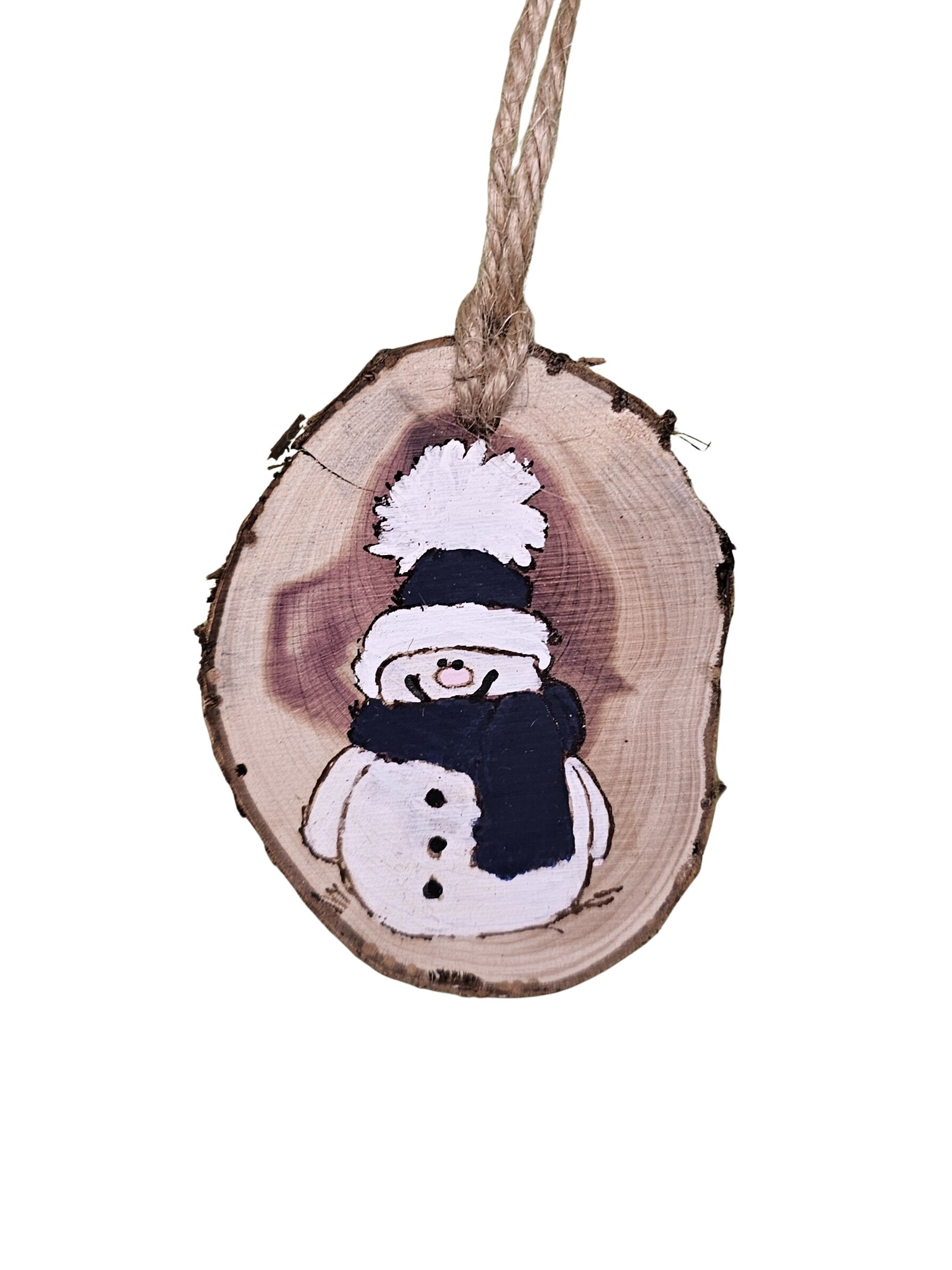 2-3 inch Wood slice Christmas ornament with a snowman hand painted in white and navy.