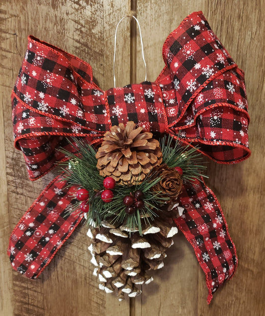 Natures Christmas - large pinecone door decoration with buffalo plaid bow