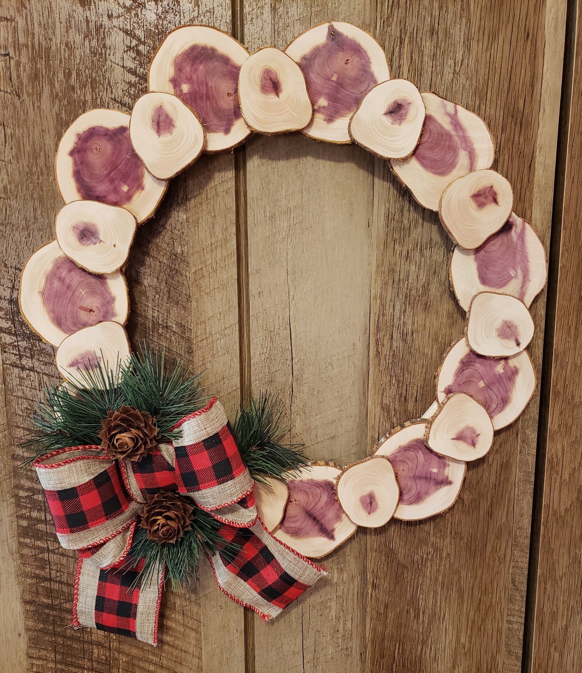 Natures Christmas - forage cedar wood door wreath decoration with buffalo plaid bow