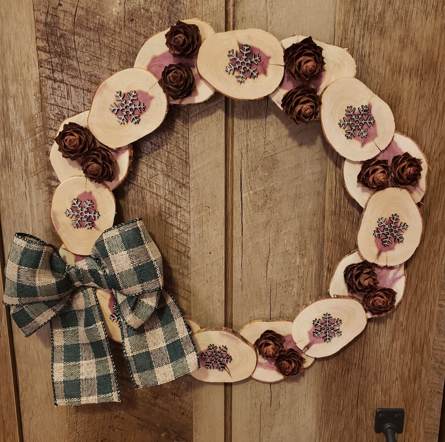 Natures Christmas - foraged cedar wood door wreath decoration green plaid bow