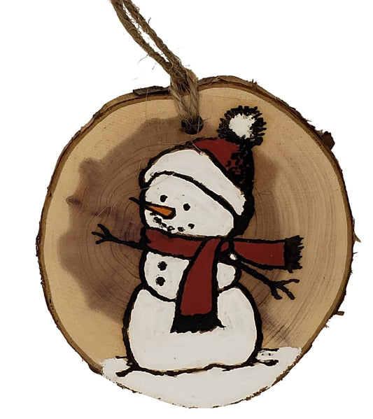 Natures Christmas - wood burned and hand painted snowman Christmas tree ornament on cedar wood