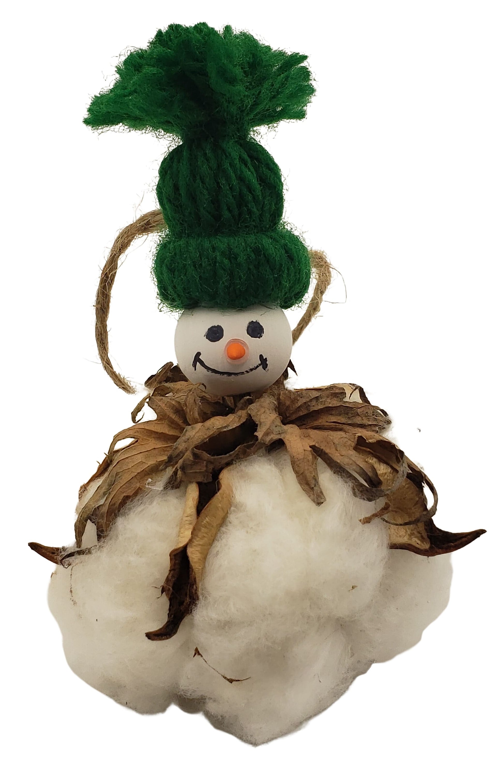 Natures Christmas - cotton boll snowman Christmas tree ornament with green toboggan hat