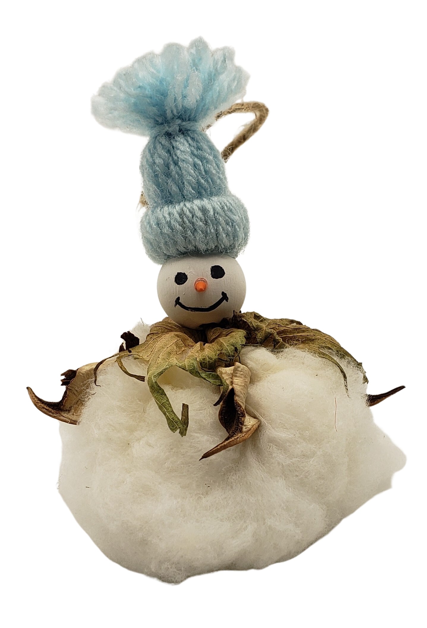 Natures Christmas - cotton boll snowman Christmas tree ornament with light blue toboggan hat