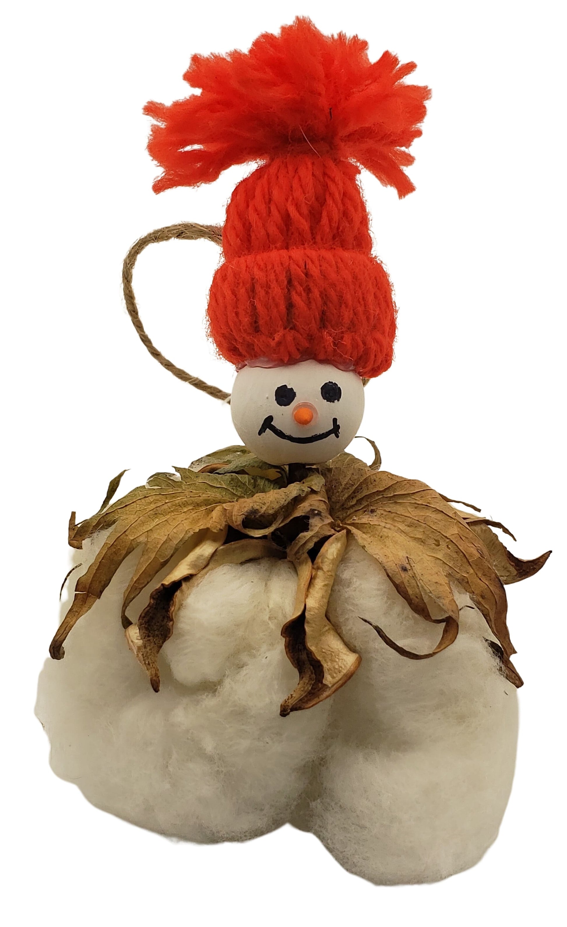 Natures Christmas - cotton boll snowman Christmas tree ornament with red toboggan hat