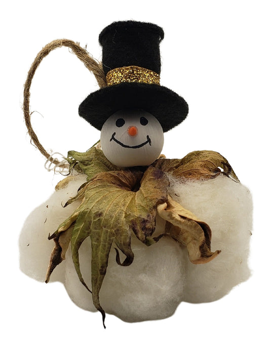 Natures Christmas - cotton boll snowman Christmas tree ornament with black top hat and gold hat scarf