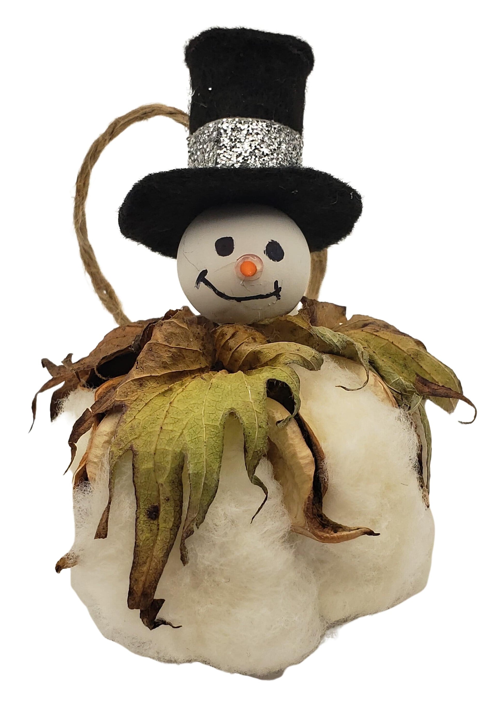 Natures Christmas - cotton boll snowman Christmas tree ornament with black top hat and silver hat scarf