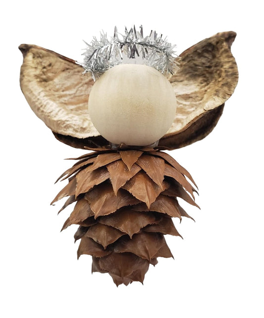 Natures Christmas - foraged yew tree cone angel Christmas tree ornament with silver halo