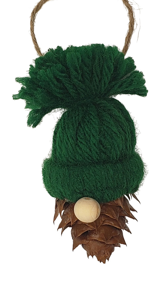 Natures Christmas - foraged yew tree cone gnome Christmas tree ornament with green hat