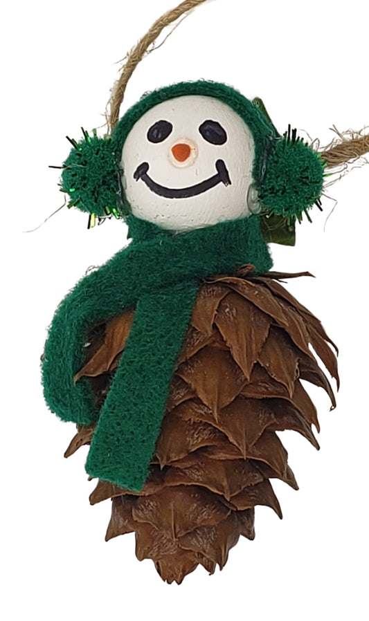 Natures Christmas - foraged yew tree cone snowman Christmas tree ornament with green earmuffs