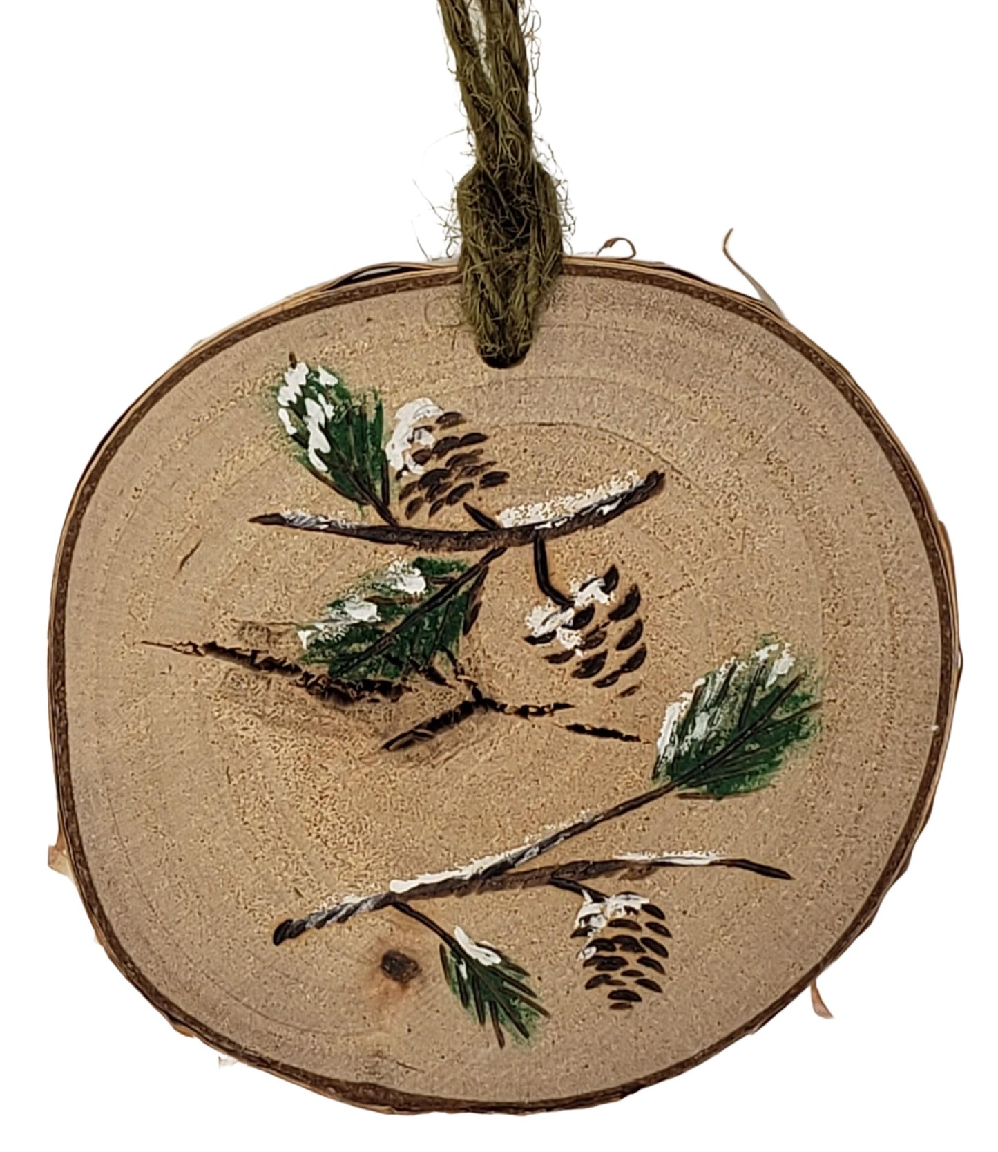Natures Christmas- medium wood burned and hand painted pine bough Christmas tree ornament on birch wood