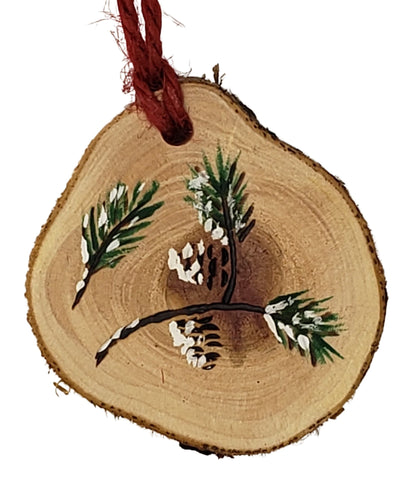 Natures Christmas- medium wood burned and hand painted pine bough Christmas tree ornament on cedar wood