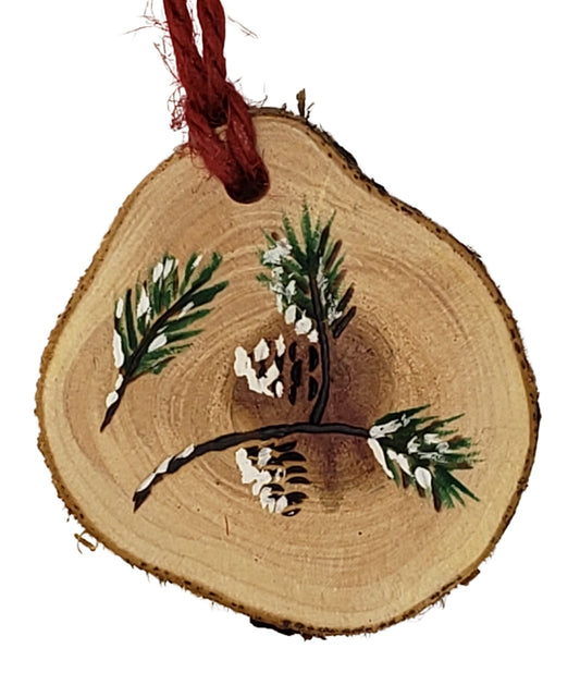 Natures Christmas- small wood burned and hand painted pine bough Christmas tree ornament on cedar wood