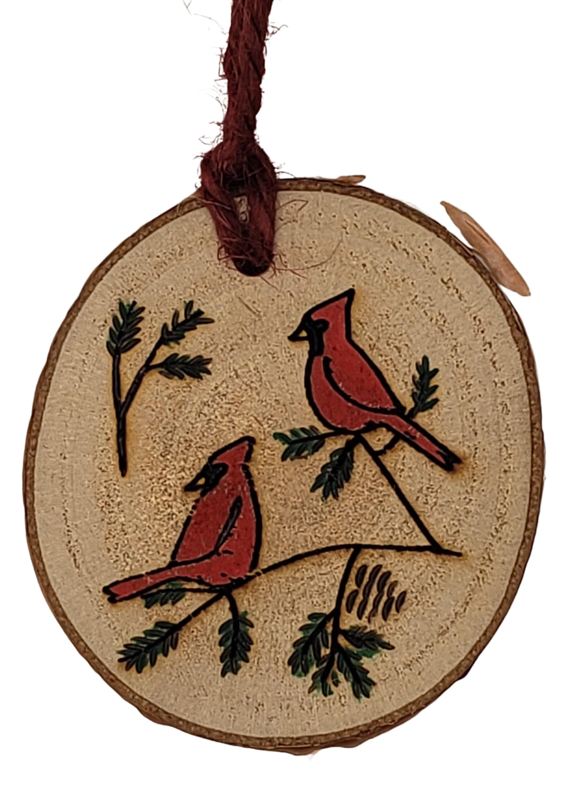 Natures Christmas- wood burned and hand painted cardinals Christmas tree ornament on birch wood