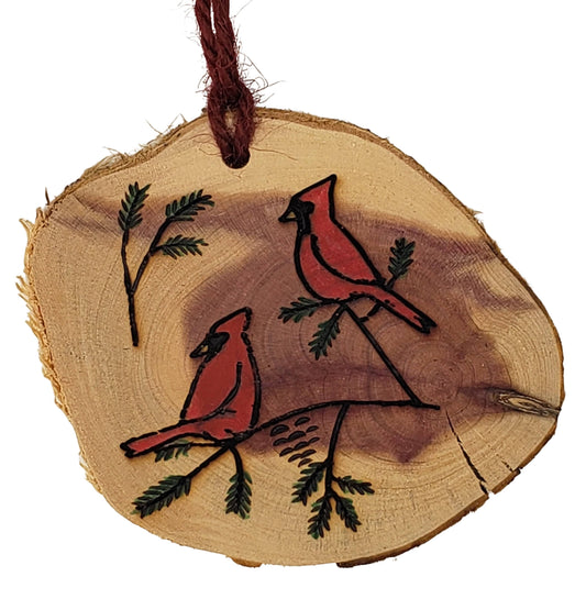 Natures Christmas- wood burned and hand painted cardinals Christmas tree ornament on cedar wood