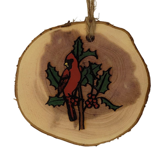 Natures Christmas- wood burned and hand painted cardinals Christmas tree ornament on cedar wood