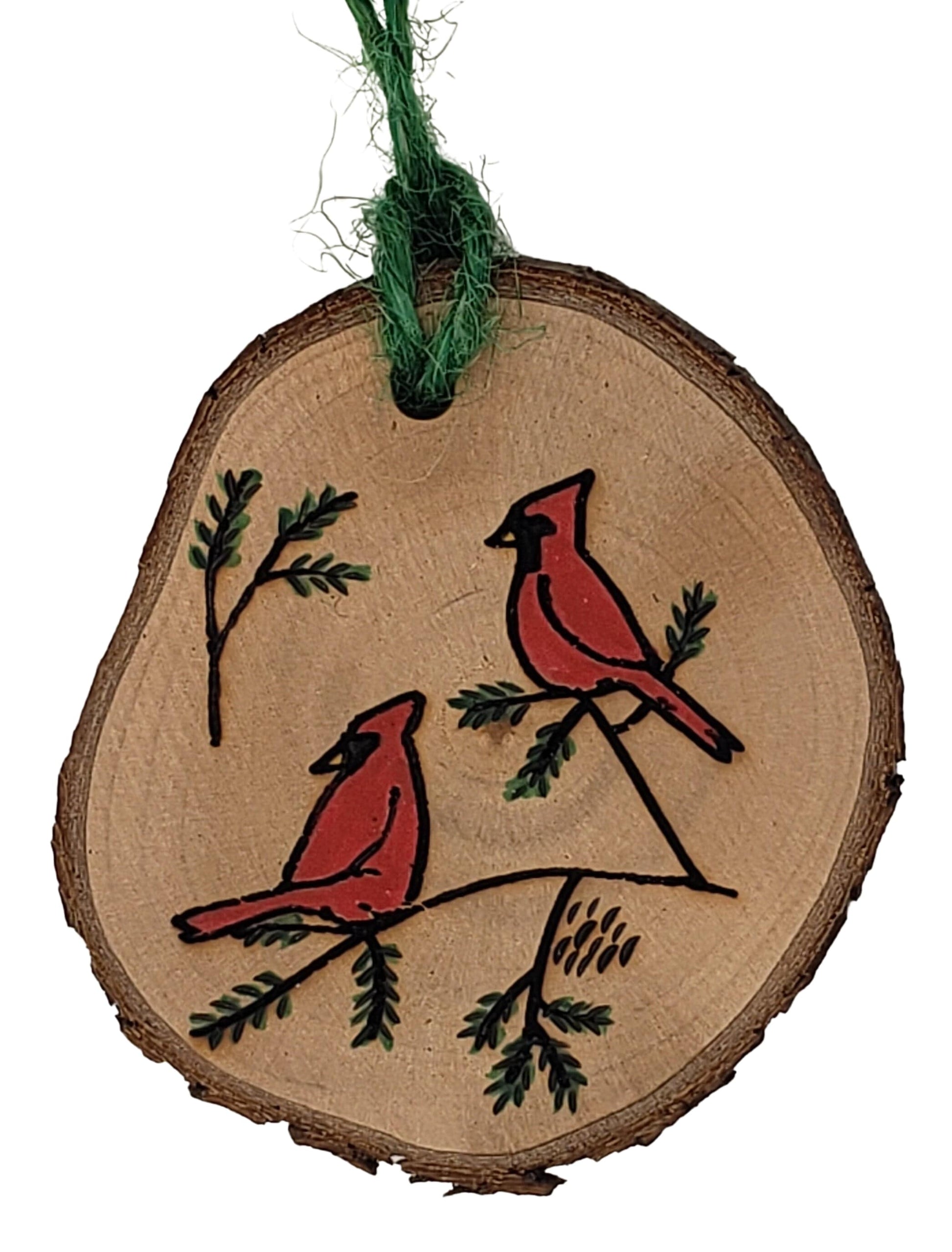 Natures Christmas- wood burned and hand painted cardinals Christmas tree ornament on maple wood
