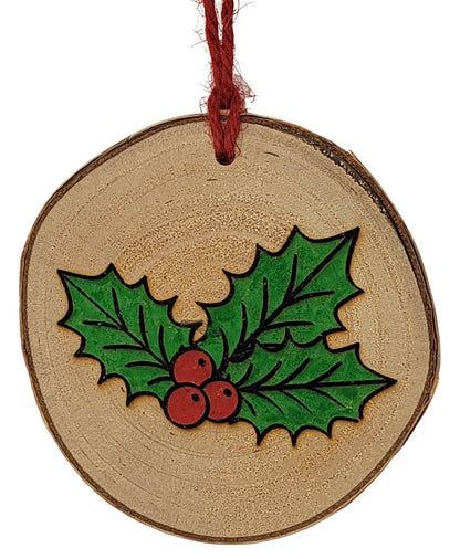 Natures Christmas- wood burned and hand painted holly leaves Christmas tree ornament on birch wood