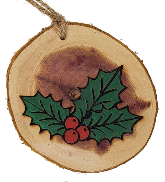 Natures Christmas- wood burned and hand painted holly leaves Christmas tree ornament on cedar wood