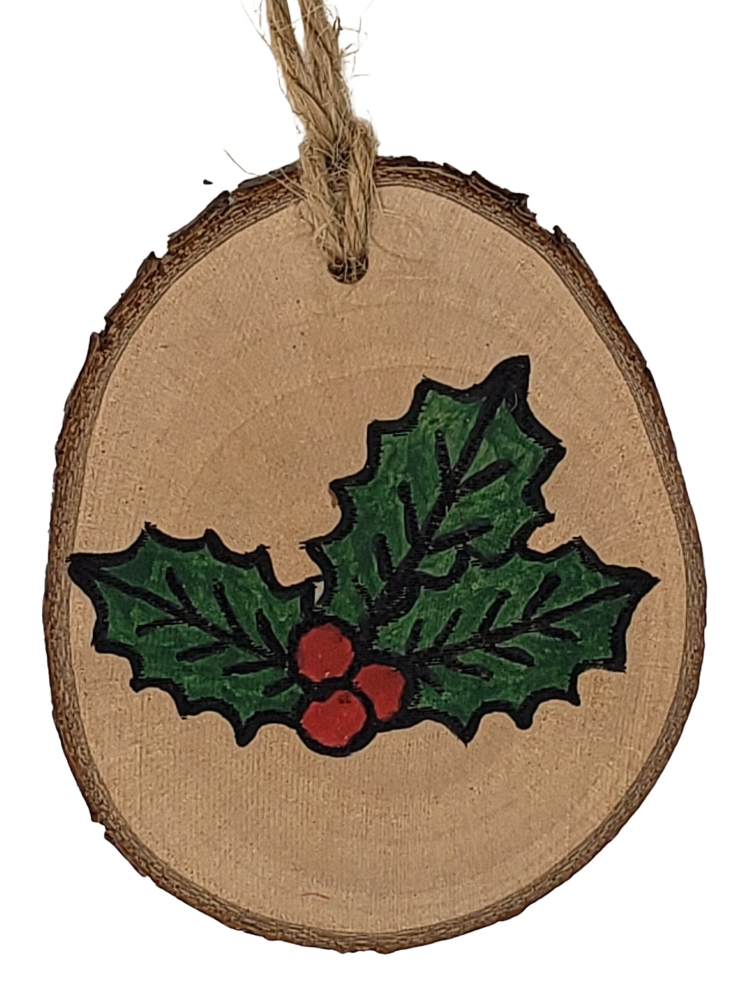 Natures Christmas- wood burned and hand painted holly leaves Christmas tree ornament on maple wood