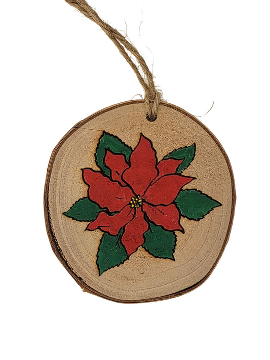Natures Christmas- wood burned and hand painted poinsettia Christmas tree ornament on birch wood