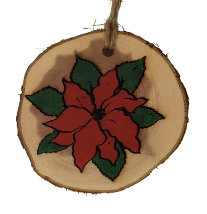 Natures Christmas- wood burned and hand painted poinsettia Christmas tree ornament on cedar wood